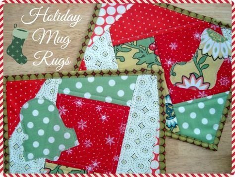 Learn the quilt as you go method while sewing super cute holiday mug rugs. Template included and free pattern. Thrifty Crafts, Quilted Mug Rugs, Mug Rug Tutorial, Christmas Mug Rugs, Mug Mats, Mug Rug Patterns, Rug Tutorial, Christmas Sewing Projects, Holiday Sewing