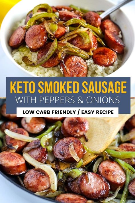 Sausage with Peppers and Onions is such an easy low-carb recipe. This super flavorful keto meal is completely foolproof! You will love this one skillet recipe. #keto #lowcarb Low Carb French Recipes, Easy Sausage Peppers And Onions, Keto Recipes Smoked Sausage, Dinner Recipes Smoked Sausage, Sausage Keto Recipes, Keto Bratwurst Recipes, Low Carb Smoked Sausage Recipes, Keto Peppers, Keto Sausage And Peppers