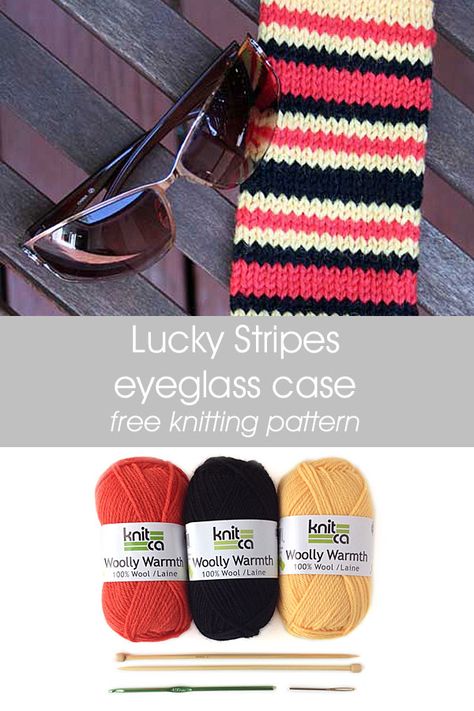 Lucky Stripes Eyeglass Case - free knitting pattern - Knitca Knit Glasses Case, Knitted Glasses Case, Mattress Stitch, Bright Stripes, Bind Off, Co Workers, Stockinette Stitch, Free Knitting Pattern, Eyeglass Case