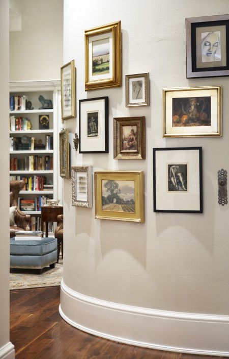 Neutral Library, Front Living Room Ideas, Victorian Home Ideas, Gallary Wall, Curved Wall, Curved Walls, Gallery Wall Frames, Gallery Walls, Hotel Interior