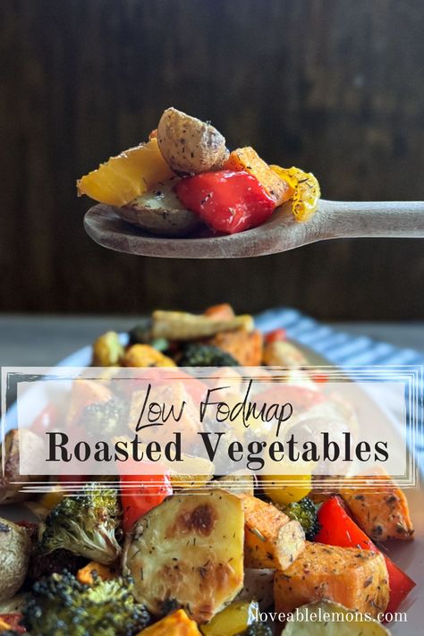 platter full of vegetables with a wooden spoon full above it. Low Fodmap Veggie Recipes, Vegan Low Fodmap Recipes, Low Fodmap Vegetables, Tasty Vegetables, Fodmap Recipes Dinner, Low Fodmap Recipes Dinner, Crockpot Side Dishes, Traditional Thanksgiving Recipes, Roasted Vegetables Oven