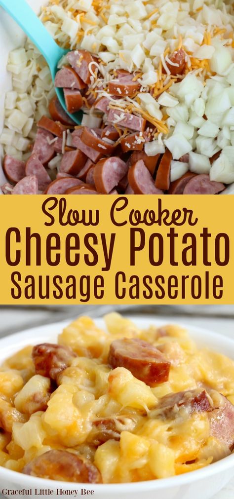 Try this Slow Cooker Cheesy Potato Sausage Casserole for a delicious weeknight meal that only uses seven simple ingredients! Find the recipe at gracefullittlehoneybee.com #slowcooker #crockpot #casserole #sausage Smoked Sausage Hashbrown Crockpot, Cheesy Sausage Potato Soup Crock Pot, Crockpot Frozen Potatoes, Ground Sausage And Potatoes Crockpot, Slow Cooker Sausage And Potato Casserole, Cheesy Potato Sausage Casserole, Easiest Crockpot Recipes, Potato Sausage Casserole, Sausage Casserole Slow Cooker