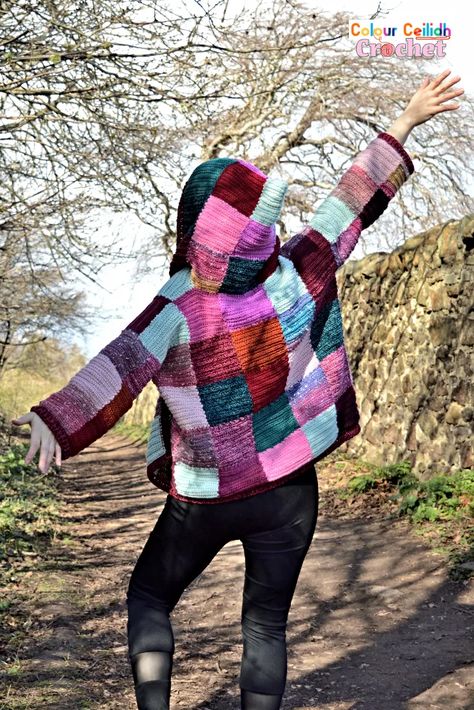 Crochet Patchwork Hoodie » Colour Ceilidh Crochet C2c Sweater Pattern Free, Crochet Scrap Yarn Cardigan Pattern Free, Crochet Scrap Sweater, Crochet Stash Buster Projects, Scrap Yarn Cardigan, Simple Beginner Crochet, Yarn Stash Buster, Crochet Patchwork Sweater, Crochet Shrug Tutorial