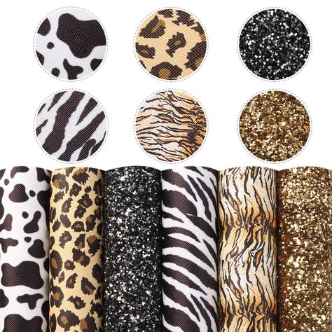 PRICES MAY VARY. 【Animal Themed Leather Sheet】4Pcs animal pattern leather sheet with leopard, cow, zebra and tiger stripe printed, 2pcs chunky glitter leather sheet assorted. 【Mixed Size】Each sheet measures 7.7" x 12.9" (20 cm x 33 cm). For the thickness, classic animal pattern leather sheet about 0.035 inch, crude glitter leather sheet about 0.058 inch. 【High Quality Material】This leather sheets are made of high quality PVC sheet. The back material of chunky glitter leather sheet is canvas fini Cow Hide Fabric, Animal Print Fabric Textiles, Animal Print Pattern Texture Fabrics, Animal Skin Seamless Patterns, Tiger Fabric Prints, Cow Spots, Glitter Canvas, Diy Bows, Glitter Print