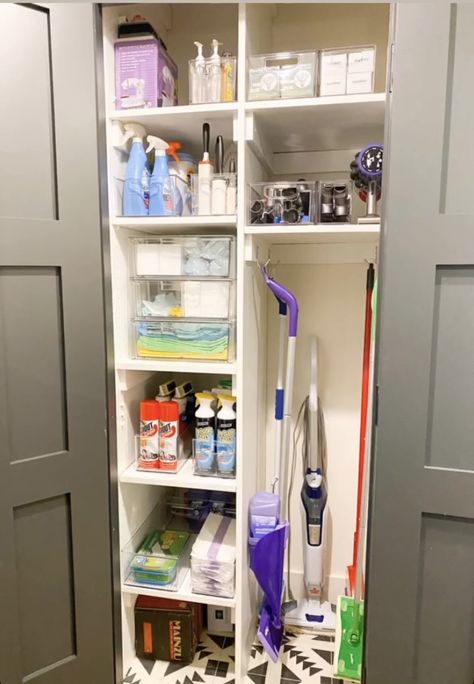 Small Vacuum Closet, Linen Closet Organization With Vacuum, Small Utility Closet Ideas, Cleaning Supplies In Pantry, Tiny Cleaning Closet, Organizing Cleaning Closet, Cleaning Supplies Closet Organization, Linen Closet With Vacuum Storage, Closet For Cleaning Supplies