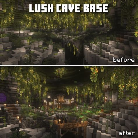 Minecraft: Lush Cave Base . I transformed a lush cave into this beautiful underground base! It was really fun to build with the new blocks.… Lush Cave Base, Minecraft Lush Cave, Minecraft Cave House, Lush Cave, Minecraft Underground, Minecraft Starter House, Build Minecraft, Minecraft Seed, Minecraft House Plans