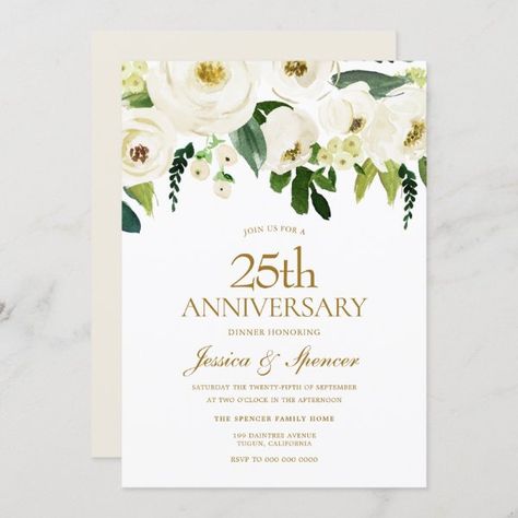 White Blooming Flowers 25th Wedding Anniversary Invitation 75th Wedding Anniversary, 25th Wedding Anniversary Invitations, 50th Wedding Anniversary Invitations, Anniversary Party Invitations, Rose Gold Wedding Invitations, Gold Wedding Anniversary, Anniversary Invitation, 50th Anniversary Party, 60 Wedding Anniversary