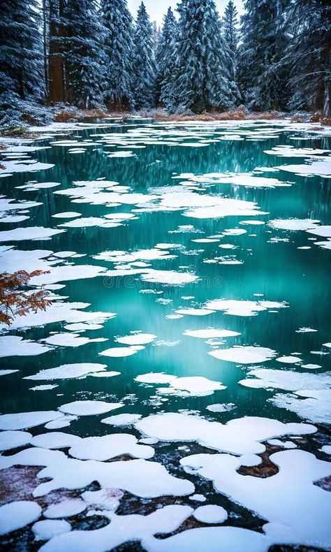 Frozen Fairy Pond. In the heart of a snow-covered forest, a pond lies frozen. royalty free stock images Snow Creatures, Pokemon Song, Fairy Pond, Frozen Snow, Frozen Pond, Vector People, Frozen Lake, A Pond, In The Heart