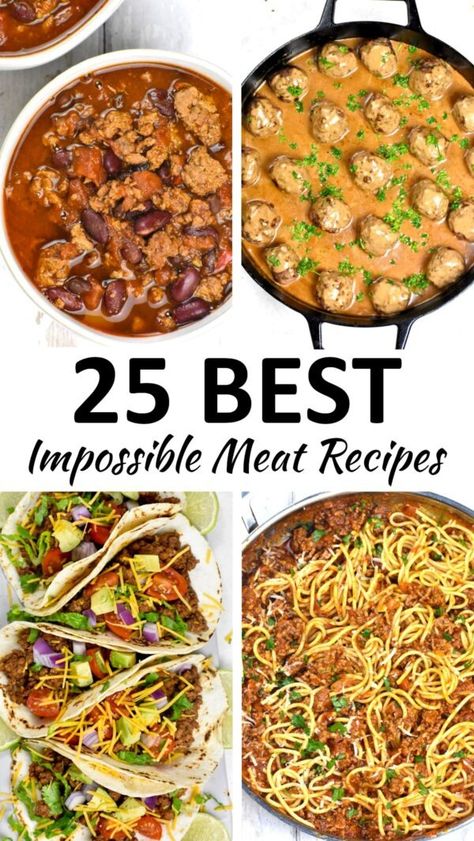 impossible meat recipes pin How To Make Impossible Meat, Impossible Foods Recipes, Ground Impossible Meat Recipes, Recipes With Impossible Beef, Impossible Recipes Vegan, Vegetarian Ground Beef Recipes, Impossible Meat Recipes Healthy, Recipes With Impossible Meat, Impossible Spaghetti