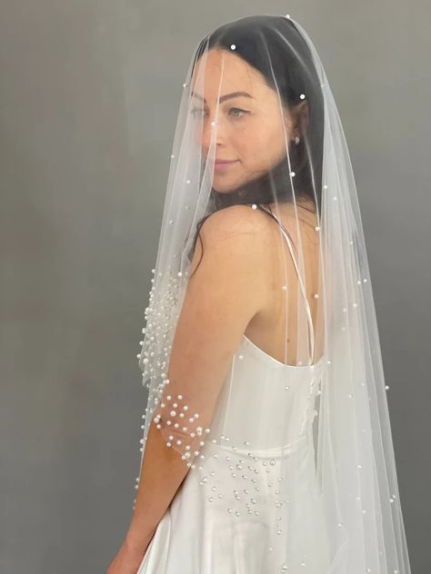 Bridal veil with pearls Wedding pearl veil Cathedral fingertip - Etsy Украина Pearly Long Veil, Pearl Veil Cathedral, Veil With Pearls, Fingertip Wedding Veils, Veil Cathedral, Pearl Veil, Pearls Wedding, Chapel Veil, Long Veil