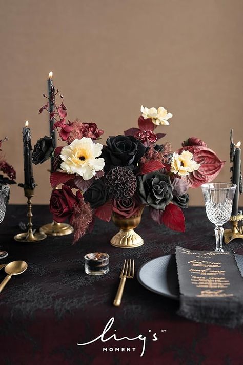 Ling's Moment Moody Burgundy & Black Artificial Flowers and Greenery Grand Combo Box Set, Goth Fake Flower for DIY Wedding Bridal Bouquet, Centerpieces Decor, Floral Arrangement Decor, etc. #AD Black Flower Centerpieces Wedding, Goth Floral Arrangements, Moody Centerpieces Wedding, Moody Burgundy Wedding, Dancing Lady Orchid, Company Celebration, Moody Wedding Decor, Events Coordinator, Cotinus Coggygria