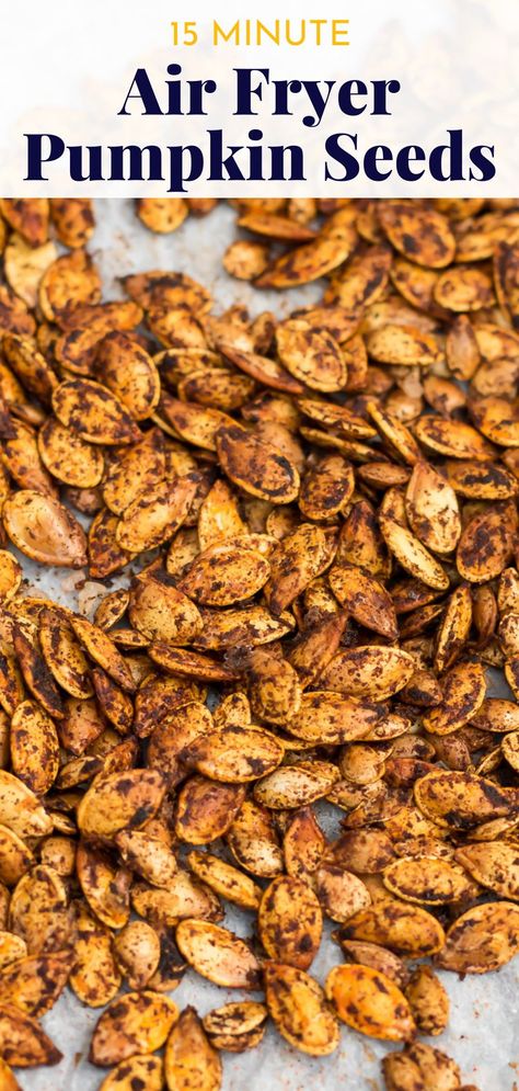 Perfect as a snack or a low-carb crouton substitute, Air Fryer Pumpkin Seeds are so easy to make and ready in just minutes. Serve them on their own or over soups and stews as an added crunchy garnish. With just 0.6g net carbs per serving, they are perfect for keto, paleo, vegan and gluten-free diets. I wanted a smoky, spicy, and sweet flavour so I mixed in some smoked paprika, cinnamon, cayenne, garlic powder, and a little bit or erythritol for sweetness. Making Pumpkin Seeds, Air Fryer Pumpkin Seeds, Pumpkin Seeds Cinnamon, Seasoned Pumpkin Seeds, Pumpkin Seed Recipes Roasted, Air Fryer Pumpkin, Spicy Pumpkin Seeds, Pumpkin Seeds Recipe, Sweet Pumpkin Seeds