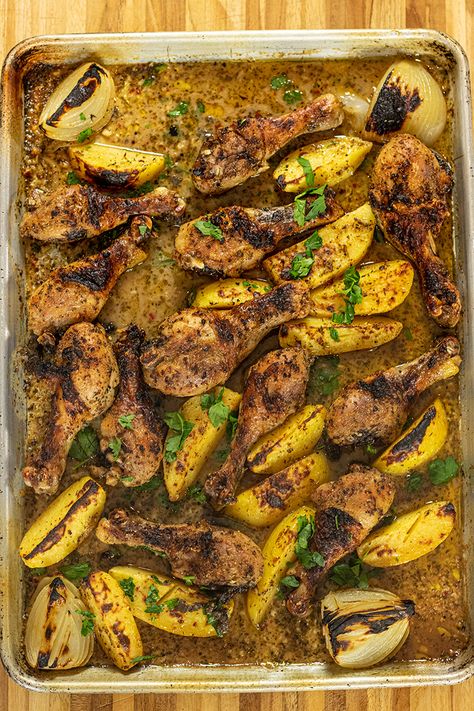 Greek Chicken Drumsticks & Potatoes Sheet Pan Dinner - Dimitras Dishes Sheet Pan Drumsticks And Potatoes, Drumstick Sheet Pan Dinner, Greek Chicken Drumsticks, Cabin Dinners, Potato Sheet Pan Dinner, Chicken Legs In Oven, Potato Sheet Pan, Easy Greek Chicken, Dimitras Dishes