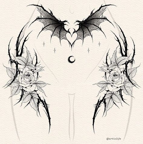 Skeleton Tattoo On Thigh, Body Tattoos For Women Chest, Tattoos For Stomach For Women, Gothic Belly Tattoo, Collar Bone Tattoo Sketch, Goth Tattoo Aesthetic, Gothic Lower Back Tattoo, Underbum Tattoos Women, Symmetrical Side Tattoos