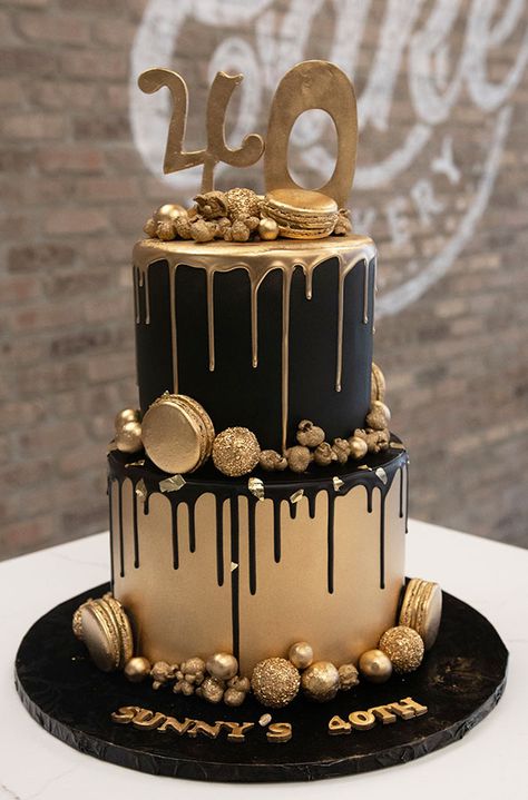 Gold And Black Birthday Decorations Men, Black Gold 18th Birthday, Two Tier Black And Gold Cake, 21st Birthday Cake Black And Gold, Black And Gold Bday Cake, Black And Gold 40th Birthday Cake, All Black 40th Birthday Party, Black And Gold Cake For Men Birthday, Black And Gold Birthday Cake For Him