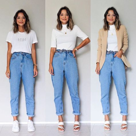 Minha nova mom jeans passando pra mostrar como os complementos mudam o visual! Jeans, camiseta e tênis sempre remetem a um visual mais jovial e juvenil por conta da história! Então se você quer fugir disso, pode trocar pelo menos um dos elementos: só o sapato, só a blusa ou só adicionar o blazer! Faça até ficar suficiente para a mensagem que deseja 🙌🏼 Se trocar duas peças, olha a diferença pro look 2️⃣. Se trocar três, o resultado fica ainda mais distante de algo juvenil! Casual Oufits, Mom Jeans Style, Looks Jeans, Look Jean, Mom Jeans Outfit, Winter Fashion Outfits Casual, New Years Eve Outfits, Classy Work Outfits, Basic Outfits