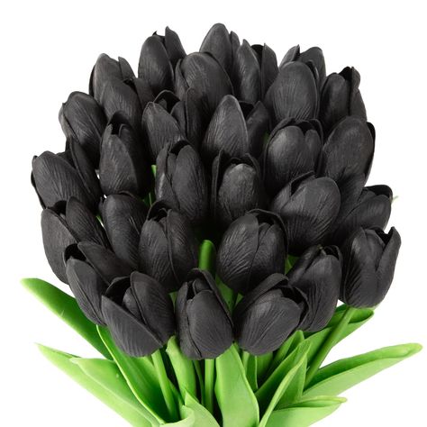 PRICES MAY VARY. Polyurethane Realistic Appearance: Our artificial tulips are designed to look just like the real thing, with vivid colors and lifelike textures that will fool even the most discerning eye. Versatile Decor: With their elegant and timeless design, these black flowers are perfect for a wide range of decorating styles, from modern to classic. Use them to brighten up your home or office, or to add a pop of color to your outdoor space. Flexible Stem: Our beautiful tulips feature flexi Black Tulips, Tulip Bouquet, All Saints Day, Home Wedding Decorations, White Tulips, Black Flowers, Tulips Flowers, Halloween Outdoor Decorations, Fake Flowers