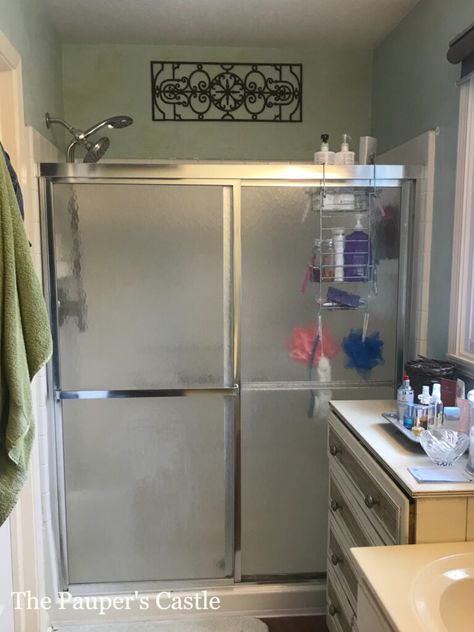 Redo Shower Stall Glass Doors, Redo Shower Stall, Old Glass Shower Door Ideas, Painting Shower Doors, Shower Door Ideas With Tub, Door Framing Ideas, Redo Shower Door, Painting A Shower Door Frame, Opaque Shower Door Ideas