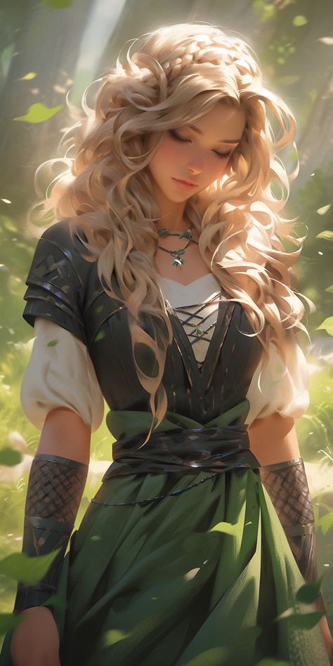 Character art created with Midjourney Ai #Artwork #Character #Fantasy Blond Witch Art, Blonde Witch Character Design, Fantasy Healer Art, Scandinavian Character Design, Fantasy Royalty Art, Dnd Dancer, Female Bard Character Design, Fae Character Art, Fantasy Healer