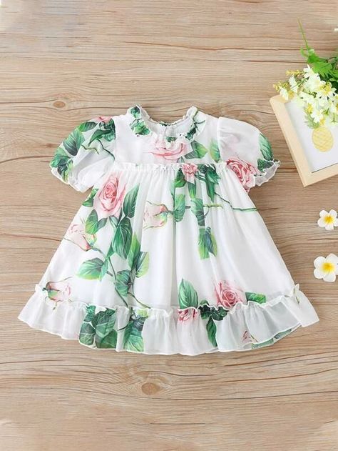 Toddler Girls Floral Print Frill Trim Chiffon Dress | SHEIN USA Baby Summer Dress, Baby Tutu Dresses, Baby Summer Dresses, Dress For Kids, Fashion Vibes, Short Sleeve Summer Dresses, Baby Summer, Baby Clothes Patterns