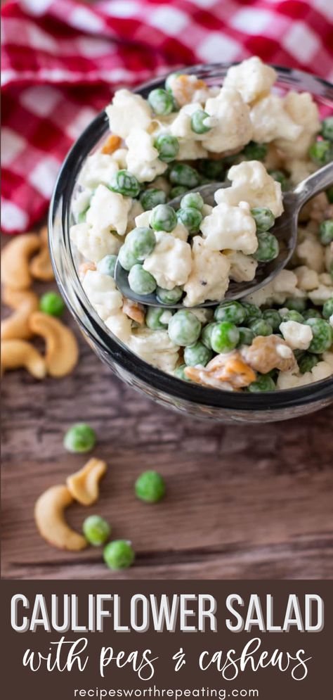 Cauliflower Pea Salad, Salad With Cashews, Crunchy Cauliflower, Salad With Peas, Cauliflower Recipes Healthy, Cashew Recipes, Pea Salad Recipes, Creamy Cauliflower, Pea Salad