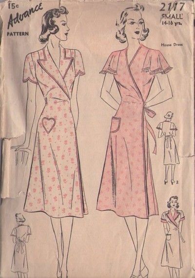 Wrapper style housedress pattern, late 1930s.  Love the heart pocket! House Dress Pattern, Vintage Wrap Dress, History Bounding, Advance Patterns, Sack Dress, Patron Vintage, House Dresses, Heart Pocket, Vintage Dress Patterns