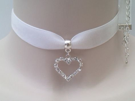 CRYSTAL RHINESTONE HEART Charm Pendant  -  White Velvet Ribbon Choker Necklace -mn... or choose another colour velvet on Etsy, $5.84 CAD