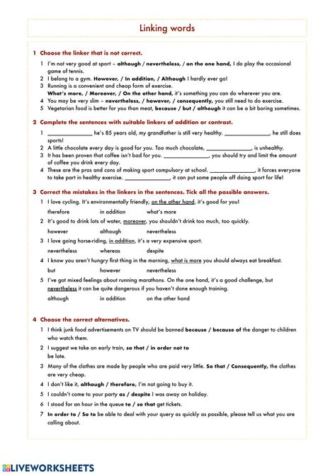 Connectors online worksheet for Bachillerato. You can do the exercises online or download the worksheet as pdf. Linking Words Worksheets, Bissell Carpet Cleaner, Linking Words, Worksheets For Grade 3, Cool Kids Bedrooms, English Phrases Idioms, Writing Classes, Essay Writing Skills, The Worksheet