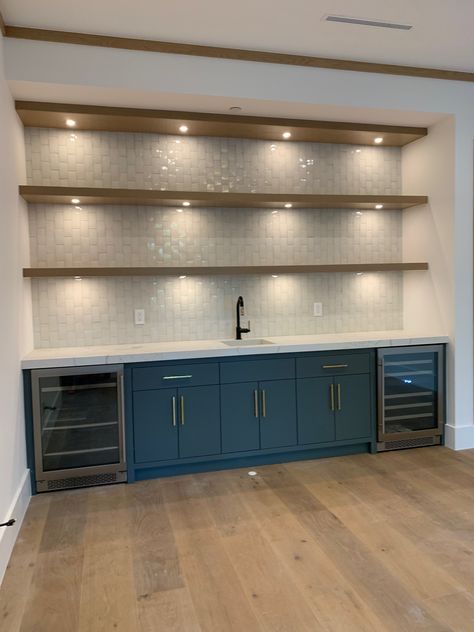 Family Room With Wet Bar, Navy Blue Dry Bar, Dry Bar Backsplash, Lake House Bar Ideas, Basement Wall Bar Ideas, Blue Basement Bar, Basement Beverage Station, Basement Bar Wall Ideas, Basement Cabinet Ideas