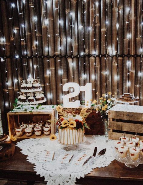 Dessert table 21st Birthday Cake Table Ideas, Rustic 21st Birthday Ideas, Rustic 21st Birthday Decor, Country Glam Birthday Party, Western Dessert Table Ideas, Rustic Cake Tables, Diy 21st Birthday Gifts, Mini Trifles, Elegant Dessert Table