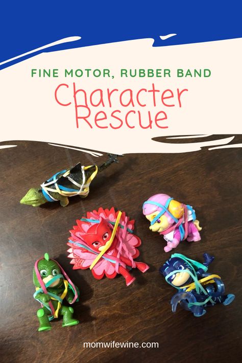 easy fine motor activity, rubber band character rescue, fine motor activity with rubber bands, PJ Masks character rescue, PJ Masks fine motor activity, dinosaur fine motor activity Dinosaur Fine Motor, Dinosaurs Eyfs, Dinosaur Week, Dinosaur Classroom, Intervention Activities, Pj Masks Toys, Finger Gym, Fine Motor Activity, Paw Patrol Characters