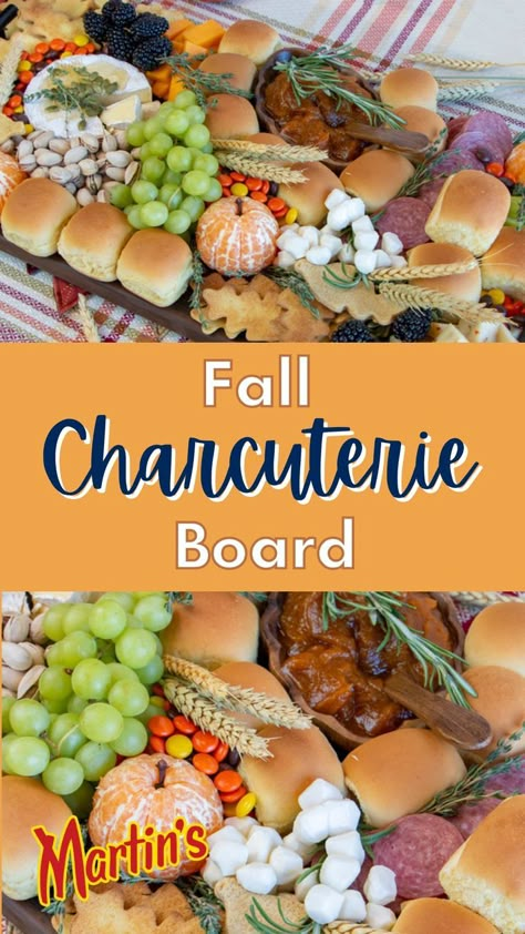 fall themed charcuterie board Party Rolls, Cheese And Cracker Platter, Fall Charcuterie Board, Fall Charcuterie, Charcuterie Party, Appetizer Buffet, Backyard Food, Potato Rolls, Charcuterie Inspiration