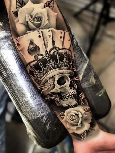 Crowned skull and ace of spade with white rose tattoo forearm Spade Tattoo, Outer Forearm Tattoo, Catrina Tattoo, Skull Sleeve Tattoos, Skull Sleeve, Forearm Tattoo Design, Forearm Sleeve Tattoos, Cool Forearm Tattoos, Half Sleeve Tattoos For Guys