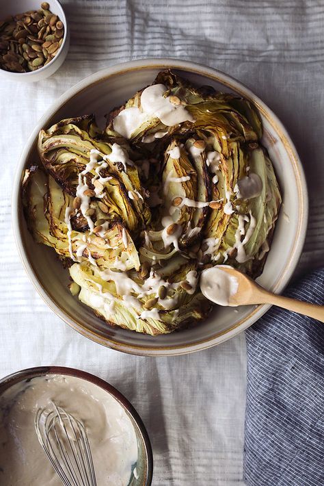 Roasted Cabbage Wedges with Garlic Tahini and Toasted Pepitas - Tasty Yummies Cabbage Wedges, Roasted Cabbage Wedges, Tahini Recipe, Roasted Cabbage, Tahini, Side Dish Recipes, Vegetable Recipes, Food Inspiration, Whole Food Recipes