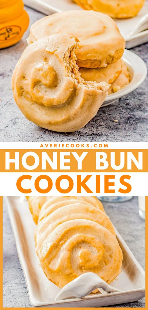 Honey Bun Cookies (Crumbl Cookies Copycat) - Soft and chewy with a warm buttery cinnamon flavor, these cookies resemble a classic Honey Bun with their fun swirl on top! The sweet honey glaze makes them IRRESISTIBLE! This EASY Crumbl Cookies copycat recipe will become a family FAVORITE! Honey Bun Cookies Crumbl, Honey Bun Crumbl Cookie, Crumbl Honey Bun Cookie Copycat, Honey Bun Cookie Recipe, Honeybun Cookies, Honey Buns Homemade, Honey Bun Cookies, Cookies Crumbl, Honey Biscuits