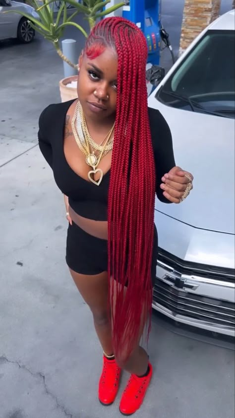 Red Lemonade Braids With Heart, Red Braids On Brown Skin, Cute Red Braids, Burgundy Lemonade Braids, Long Red Braids, Red Lemonade Braids, Burgundy Hair Dye, Lemonade Braids Hairstyles, Pretty Braids