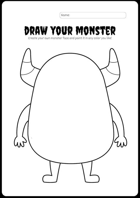 MAKE HALLOWEEN EVEN MORE FUN WITH THIS SUPER CUTE "DRAW YOUR OWN MONSTER"  PRINTABLE WORKSHEET! FILL IT OUT DAILY (DIGITALLY), OR PRINT IT AND LAMINATE IT AND GIVE TO YOUR KID(S) TO GET THEIR CREATIVITY FLOWING! 8.5" X 11" DIGITAL/PRINTABLE DOWNLOAD BY ESMIRNA TAPIA OF DISCO MONDAYS STUDIO *THIS IS A DIGITAL PRODUCT- NO PHYSICAL PRODUCT WILL BE SHIPPED TO YOU.* PLEASE NOTE THAT DUE TO THE DIGITAL NATURE OF THIS PRODUCT, ALL SALES ARE FINAL. YOU CAN ALWAYS CONTACT ME FOR ANY QUESTIONS AND/OR INQUIRIES :) *WARNING: Files are for personal use only and may not be resold, copied, distributed, altered, shared, or used for commercial use. Create Your Own Monster Printable, 3 Year Kids Activities At Home, Monster Template Free Printable, Halloween Activities For Kids Printable, How To Draw A Monster, Draw Your Own Monster, Draw Your Monster, Halloween Worksheets Preschool, Halloween Worksheets For Kids