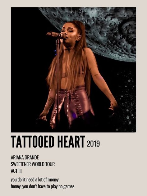 Tattooed Heart Ariana Grande, Tattoed Heart, Ariana Grande Tattoo, Ariana Grande Poster, Sweetener World Tour, Aesthetic Polaroid, Concert Performance, Ariana Grande Songs, Upbeat Songs