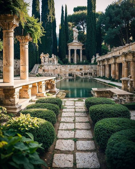 240406 - roman gardens leak over travertine; sdxl (comfy), midjourney, magnific, python, lightroom . i use the word "leak" here, as the… | Instagram Roman Garden Ideas, Roman House Design, Greco Roman Aesthetic, Green House And Garden, Roman Courtyard, Large Garden Design, Roman Castle, Roman Landscape, Cloister Garden