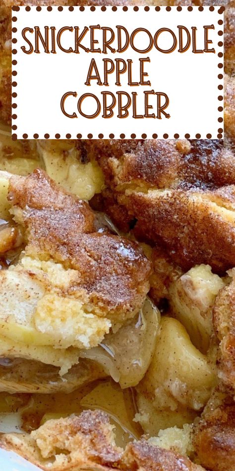 Apple cobbler with a snickerdoodle cookie topping. Snickerdoodle Cobbler Krusteaz, Baking With Granny Smith Apples, Betty Crocker Snickerdoodle Apple Crisp, Snickerdoodle Apple Cobbler Betty Crocker, Snickerdoodle Cookie Mix Apple Cobbler, Cinnamon Cobbler Recipes, Apple Cobbler Cupcakes, Things To Make With Granny Smith Apples, Apple Snickerdoodle Cobbler