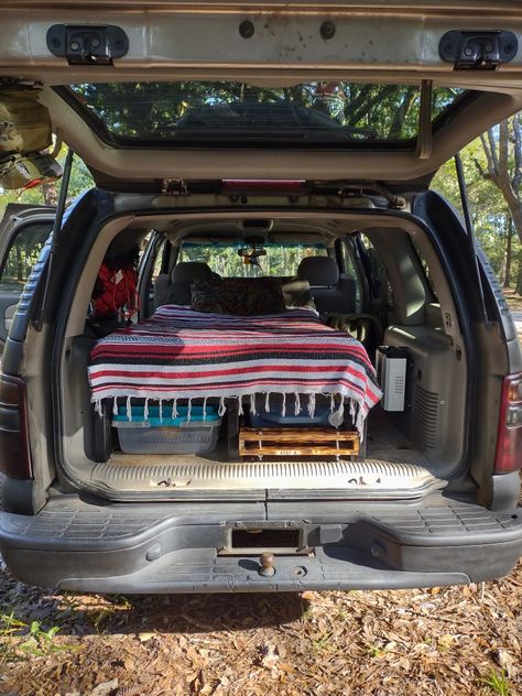 Chevy Tahoe Camping, Tahoe Camping, 2002 Chevy Tahoe, Camper Conversion, Chevy Tahoe, Brain Rot, Car Hacks, Car Camping, Camping Car