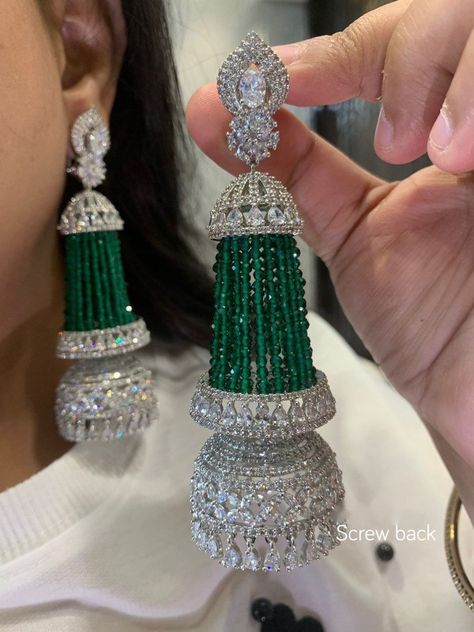 Green Victorian Style Cubic Zirconium Earrings American Diamond Heavy Jhumki/ Long Jhumka/ CZ Jhumka/ Indian Earrings/ Bridal Earrings Womens Diamond Necklace, Long Diamond Earrings, Diamond Jhumkas, Bridal Jewellery Design, Fancy Jewellery Designs, Diamond Necklace Designs, Bollywood Jewelry, Pakistani Jewelry, Diamond Jewelry Designs