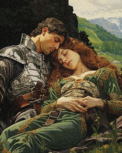 Romantic Classical Painting, Ethereal Art Romance, Romantic Knight Art, Pre Raphaelite Desktop Wallpaper, Romantic Old Paintings, Old Romance Paintings, Knight And Lady Art, Medieval Forbidden Love Aesthetic, Medieval Digital Art