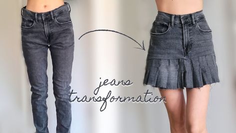 A transformation from an old damaged paired of jeans to a pleated mini skirt Refashion Jeans To Skirt, Long Skirt Upcycle, Denim Pants Into Skirt, Jean Skirt Made Out Of Old Jeans, Sewing With Old Jeans, Denim Pants To Skirt, Jeans Skirt Pattern, Denim Skirt From Old Jeans, Jeans To Jean Skirt