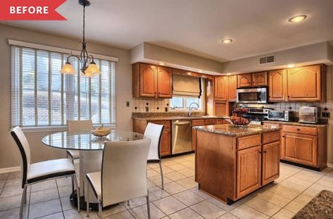 Before & After: This ’90s Kitchen Turned into a Scandi-Boho Dream for Just $2,000 1990s Kitchen, 90s Kitchen, Kitchen Apartment, Budget Kitchen Remodel, White Subway Tile Backsplash, Kitchen Refresh, Scandi Boho, Brown Kitchens, Kitchen Remodel Before And After