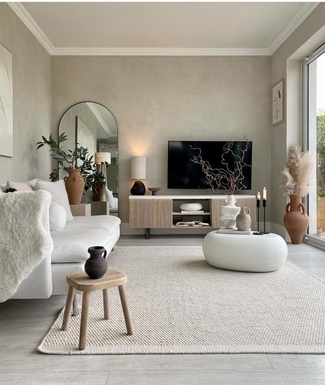 Grey Flooring Living Room, Tv On The Wall, Tv Wall Ideas, Tv Wall Decor Ideas, Modern Apartment Living Room, Tv Mounting, Redecorating Ideas, Big Mirror, Tv Wall Decor