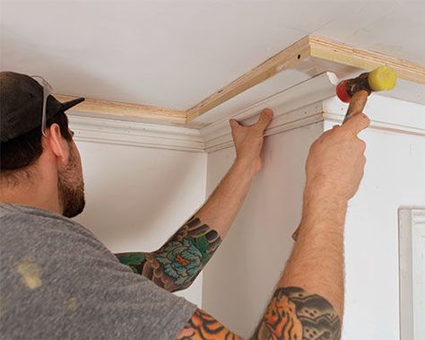 How to Install Built-up Crown Molding - Fine Homebuilding Ornate Trim Crown Moldings, Diy Crown Molding Cheap, 3 Piece Crown Molding, Tall Crown Molding, Ceiling Mouldings And Trim Ideas, Column Molding, Craftsman Style Crown Molding, Crown Moulding Ideas, Modern Crown Molding