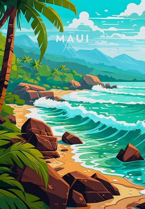 Hawaii Poster, Hawaii Illustration, Island Illustration, Tropical Aesthetic Collage, Tropical Island Illustration, Tropical Island Artwork, Tropical Beach Illustration, Hawaii Retro Poster, Hawaii Travel Poster