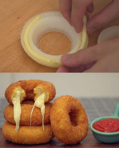 Mozzarella Onion Rings - Greenku Recipes Mozzarella Onion Rings, Mozzarella Onion Rings Recipe, Cheese Onion Rings, Onion Slice, Onion Peel, Deep Fryer Recipes, Seeded Bread Recipes, Onion Rings Recipe, Cheese Slice