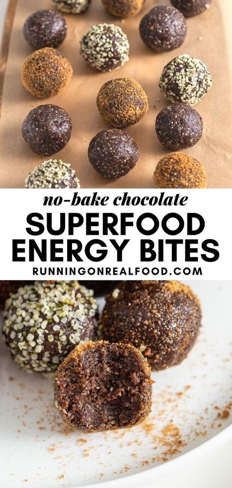 These superfood chocolate energy balls are made with dates, walnuts, hemp seeds, chia seeds and protein for a delicious and nutritious snack. Superfood Energy Balls, Chocolate Energy Balls, Vegan Energy Balls, Energy Balls Healthy, Healthy Homemade Snacks, Energy Ball Recipe, Healthy Food Guide, Lost 100 Pounds, Healthy Food Facts